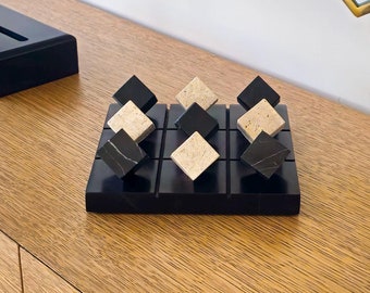 Handmade Travertine & Marble Tic Tac Toe Board Game: Elegant Decor