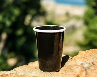 Enamel Tumbler | Black With White Rim Large Enamel Tumbler Cup | Drinkware | Camping Enamel Tumbler | Enamel Tall Cup | Metal Tumbler Cup