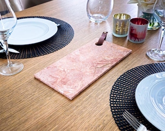 Handmade Travertine Serving Tray with Leather Handle | Luxury Travertine Serving Platter with Leather | Modern and Rustic Home Decor