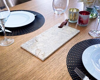 Handmade Travertine Serving Tray with Leather Handle | Luxury Travertine Serving Platter with Leather | Modern and Rustic Home Decor