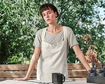 Natural Cotton Apron and Tea Towel Set: Japanese Cross Back Design