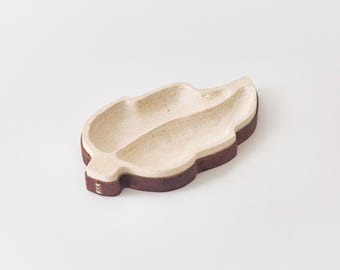 Travertine Leaf-Shaped Snack Dish with Leather | Two Section Snack Tray | Stylish Handmade Serving Dish | Serving Plate with Leather