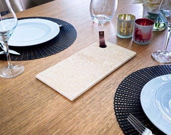 Handmade Travertine Serving Tray with Leather Handle: Rustic Home Decor
