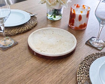 Handmade Round Travertine Serving Tray with Leather Handles