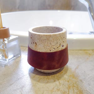 Handmade Travertine Candle Holder with Genuine Leather | Luxury Travertine Candle Holder | Cozy Rustic Home Decor | Housewarming Gift