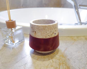 Handmade Travertine Candle Holder with Leather Accent: Rustic Home Decor