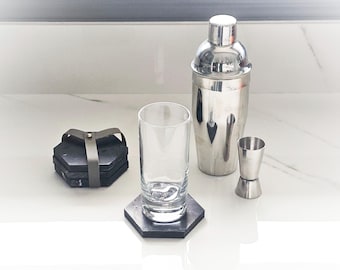 Handmade Black Marble Coaster Set: with Leather Holder