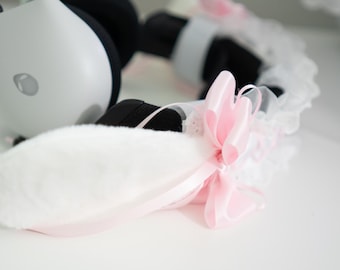 Fluffy Bunny Headphone Ears | Kawaii Gamer Headset Attachment with Pink Ribbon