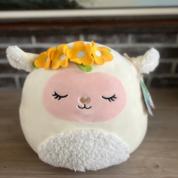 PERSONALIZED BRACELET "I love ewe" and Squishmallow Lamb Sophie with yellow flower crown, tag attached