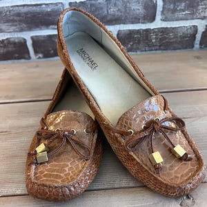 Women&#39;s Michael Kors Brown Leather Croc Embossed Moccasin Boat Flats Shoes 8.5M