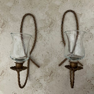 RARE Vintage Homco Oval Gold Twisted Metal Candle Holder Sconce, Set of 2 with glass votives