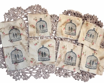 Coffee-Dyed Vintage Ink Stamped Birdcage Fabric Squares
