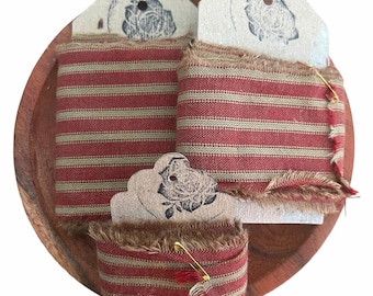 Red /Tea DyedTicking Fabric Ribbon Strips - Hand Torn Cotton for Junk Journals