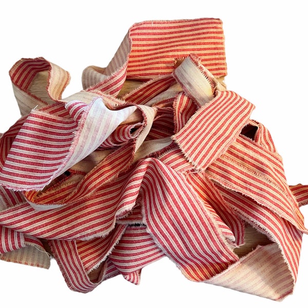 Striped Farmhouse Red Ribbon  Hand Torn Red And White Striped Fabric Ribbon Frayed Edges  Junk Journal  Ships In 1 Business Day