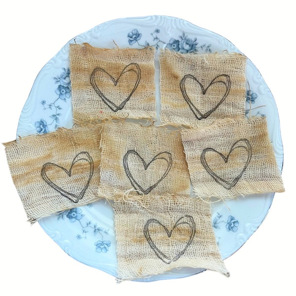 Hand Stamped Rustic Gauze Heart Squares  Hand Torn  Gauze Strip Frayed Edges Loose Weave  Grungy Dyed Junk Journal  Ships In 1 Business Day