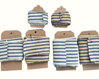 Blue Striped Ticking Fabric Ribbon, Hand-Torn, Coffee Stained or Plain, Junk Journal Supplies