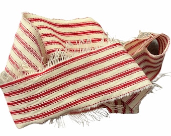 Red Striped Ticking Fabric Strips, Hand Torn Frayed Edge Ribbon