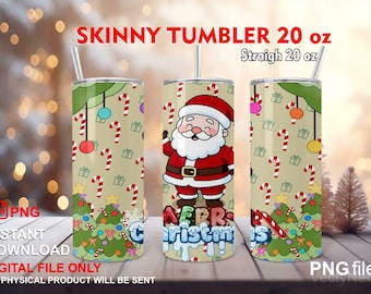 Kerst Santa Skinny Tumbler Wrap 20oz PNG | Leuke kerst zuurstok cadeaus | Rechtstreeks sublimatie ontwerp digitale download