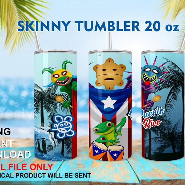 20oz Skinny Tumbler Design Tapered and Straight Digital Design Puerto Rico Flag and Coqui Frog PNG for Sublimation