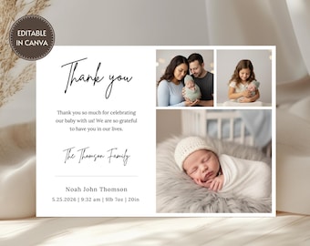 Baby Birth Announcement Thank You Card Template, Minimalist Newborn Photo Card, Gender Neutral, Editable Canva Template, Instant Download
