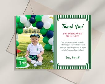 Biglietto di ringraziamento per il primo compleanno da maestro, biglietto di ringraziamento con foto per il primo compleanno a tema golf, festa di compleanno, Mastered His First Year, modello Canva MB14