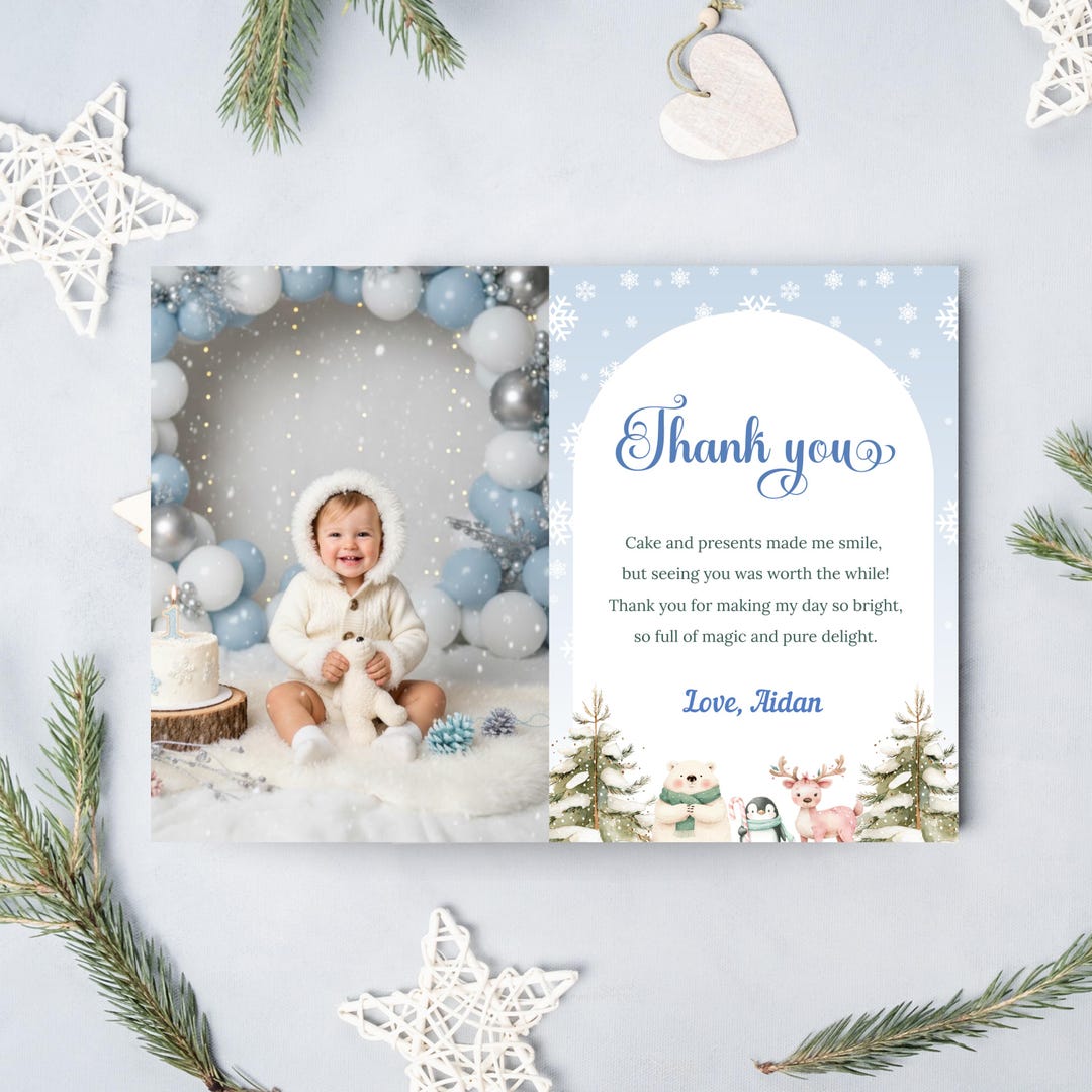 Editable Winter Onederland First Birthday Thank You Card, Neutral 1st ...