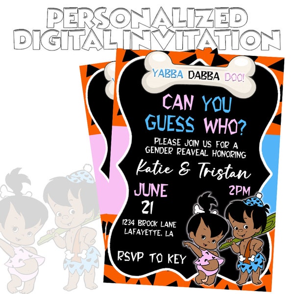 Customized Pebbles Bam Bam Flinstones Gender Reveal Invitation Download PNG 24-48 Hour Turnaround