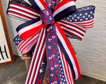 Patriotic Bow, Patriotic Bow for Wreaths, Outdoor 4th of July Decoration, Memorial Day Decorations, Independence Day Celebration, Tree Toppe