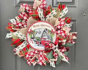 Christmas Wreath for Front Door, Red Truck Christmas Wreath, Christmas Tree Decor, Farmhouse Christmas Wreath, Red Truck Decorations
