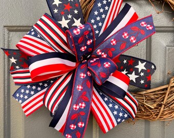 Patriotic Bow, Patriotic Bow for Wreaths, Outdoor 4th of July Decoration, Memorial Day Decorations, Independence Day Celebration, Tree Toppe