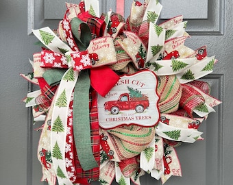 Christmas Wreath for Front Door, Red Truck Christmas Wreath, Christmas Tree Decor, Farmhouse Christmas Wreath, Red Truck Decorations