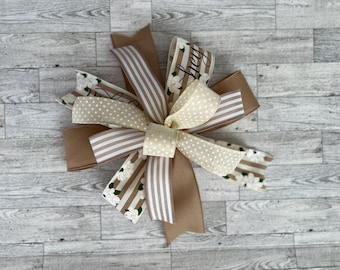 Beige Farmhouse Bow, Rustic Decor, Everyday Bow, Wreath Bow, Lantern Bow, Neutral Decor, Cottage Bow, Striped Bow, Bow with Flowers