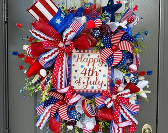 Fourth of July Wreath, Patriotic Wreath for Front Door, Americana Decor, America Holidays Celebration, Red White and Blue Wreath