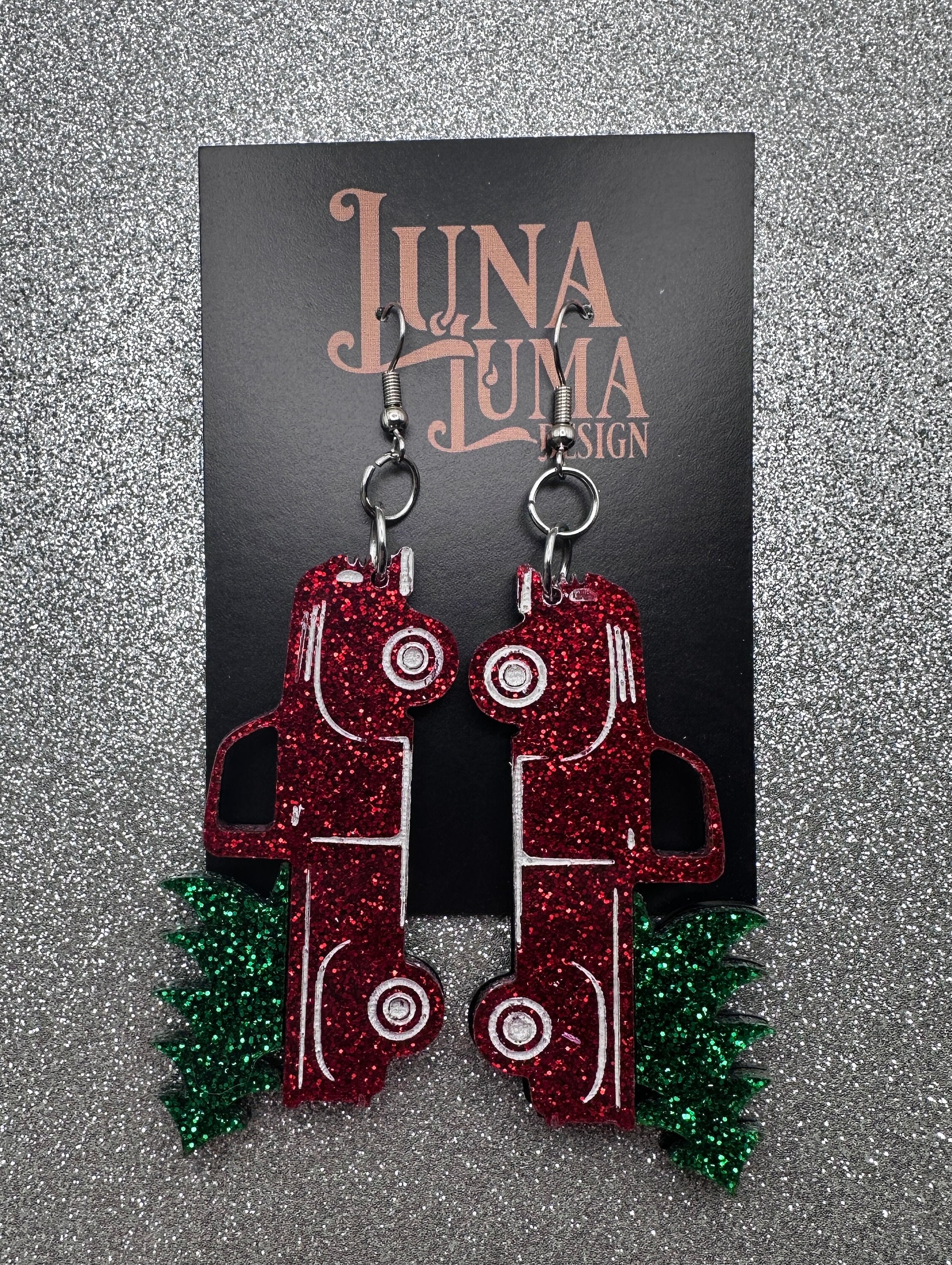 Christmas Truck Earrings – Acrylic Red Truck With Tree Dangle Earrings For Holidays - View #2