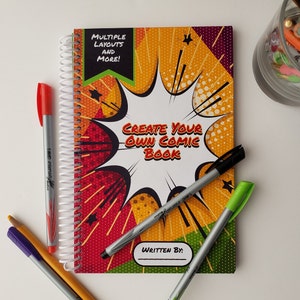 May include: A red, yellow, and green comic book cover with the text "Create Your Own Comic Book" and "Multiple Layouts and More!"  The cover has a white speech bubble with a black star in the background. There is a blank space labeled "Written By:"