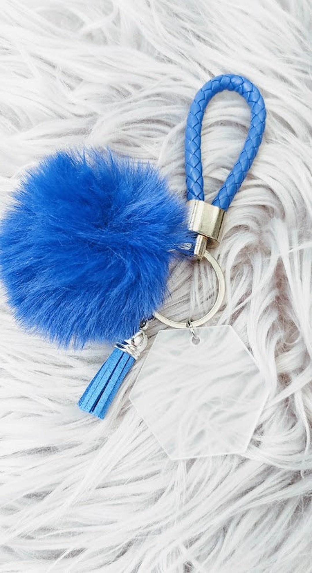 Blue Keychain W/ Pom Pom, Tassle, Handle and Tag Personalized Keychain ...