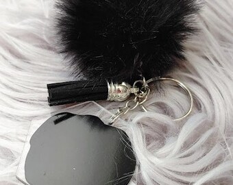 Black Pom Pom Keychain with Tassel and Custom Tag
