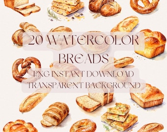 May include: A collection of 20 watercolor illustrations of various breads, including sourdough, pretzels, baguettes, and rolls. The illustrations are on a white background and have a transparent background for easy use in digital projects.  20 Watercolor Breads PNG Instant Download Transparent Background