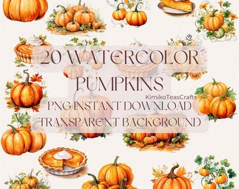 Watercolor Pumpkin Digital Download PNG Fall Aesthetic Clipart Commercial Use Transparent Background