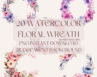 Watercolor Floral Wreath PNG Digital Download Commercial Use Transparent Background Aesthetic Flowers