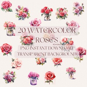 Watercolor Roses Digital Download PNG Transparent Background Commercial Use