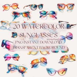 Watercolor Sunglasses PNG Digital Download Aesthetic Sunglass Commercial Use Transparent Background Summer Clipart