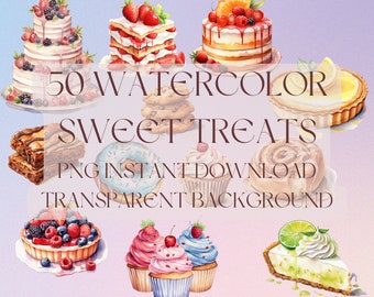 50 Watercolor Sweet Treats PNG Digital Download Transparent Background Commercial Use Cake Cookie Pie Donut Tart Cupcake Clipart