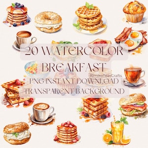 Watercolor Breakfast PNG Digital Download Morning Aesthetic Coffee Pancakes Waffles Fruits Transparent Background Commercial Use