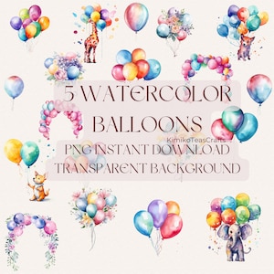 Palloncini ad acquerello PNG Digital Download Party Clipart Balloon Sfondo trasparente Uso commerciale