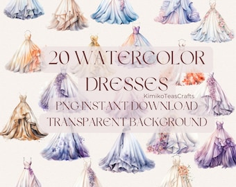 Watercolor Dresses Colorful PNG Transparent Background Clip Art Commercial Use Digital Download