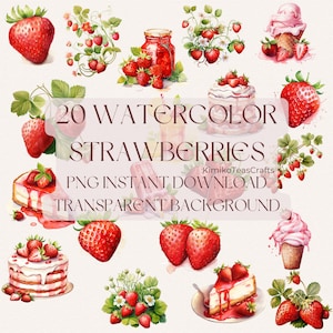 Watercolor Strawberries PNG Digital Download Commercial Use Fruit Aesthetic Transparent Background Clipart