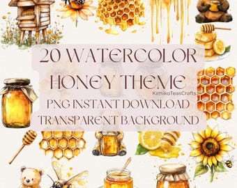 Watercolor Honey PNG Digital Instant Download Transparent Background Commercial Use Bee, Bear, Lemon, Beehive, Honeycomb, Flowers