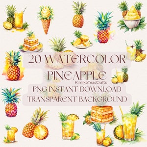 May include: A set of 20 watercolour illustrations of pineapples in various poses and settings. The illustrations include pineapples in glasses, on cakes, in bowls, and as ice cream cones. The text "20 Watercolor Pineapple PNG Instant Download Transparent Background" is included in the image.