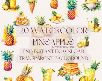 Pineapple Dessert Drinks Fruit Watercolor Clip Art PNG Instant Download Commercial Use